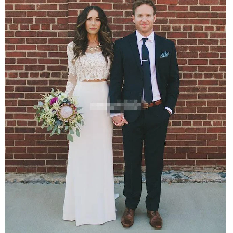 

Свадебные платья-футляр в стиле кантри, весна-лето 2019, с прозрачным вырезом, два предмета, богемное кружево, длинный рукав, короткий топ в сти...