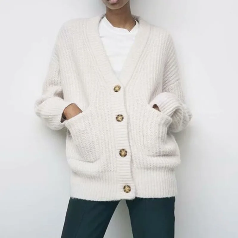 

Za 2021 Autumn Women's Sweater Knit Pockets Coat Solid Color Single-Breasted Street Fashion Casual Ladies Clothing Tops