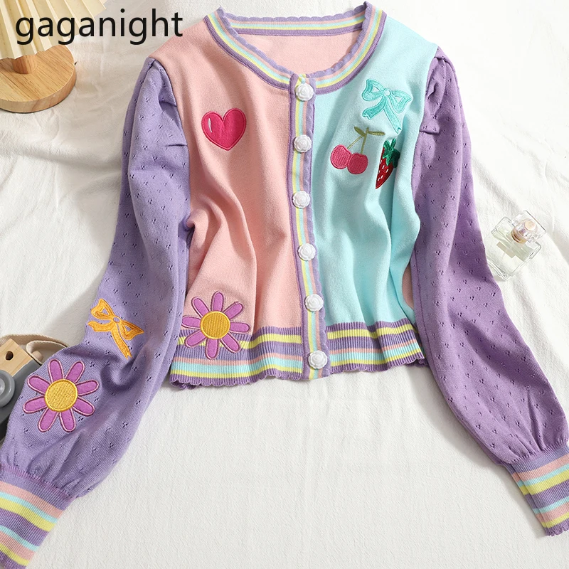 

Gaganight женский милый свитер с пышными рукавами с вышивкой осень 2021 новый цветной контрастный цветочный пуговичный круглый вырез с длинным ру...