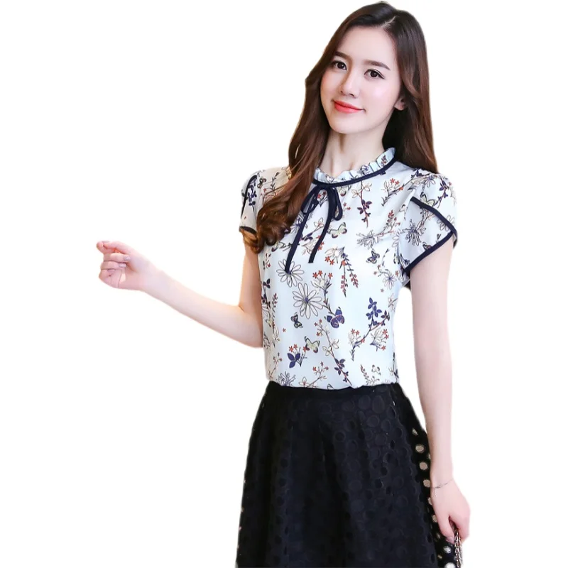 

Korean Fashion Women Tops Short-sleeved Casual Chiffon Women Shirts Loose Floral Print Tops