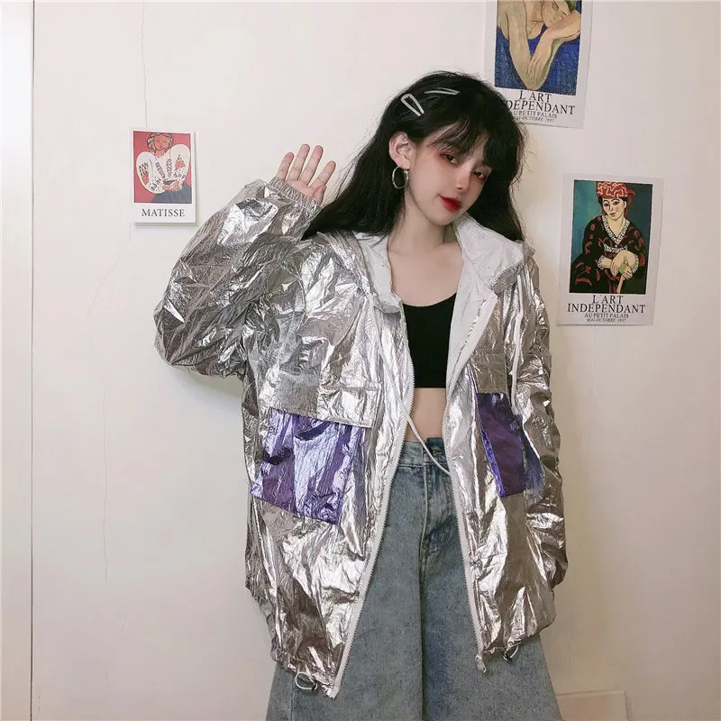 Летний жакет Для женщин Лазерная Глянцевая с капюшоном куртка из ткани защитой