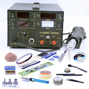 Станция с термофеном Saike 909D + паяльник + источник питания постоянного тока 3 в 1, электрическая наладочная станция с регулируемым нагревательным сердечником 220 В 110 В