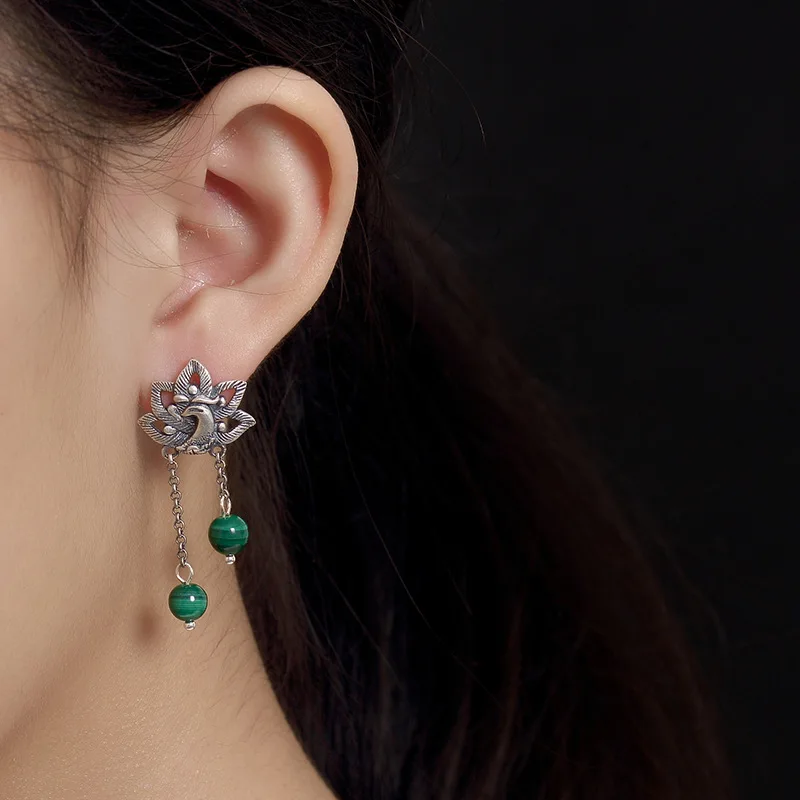 

One deer silver S990 foot silver retro matte phoenix wearing peony malachite earrings ladies sterling silver earrings