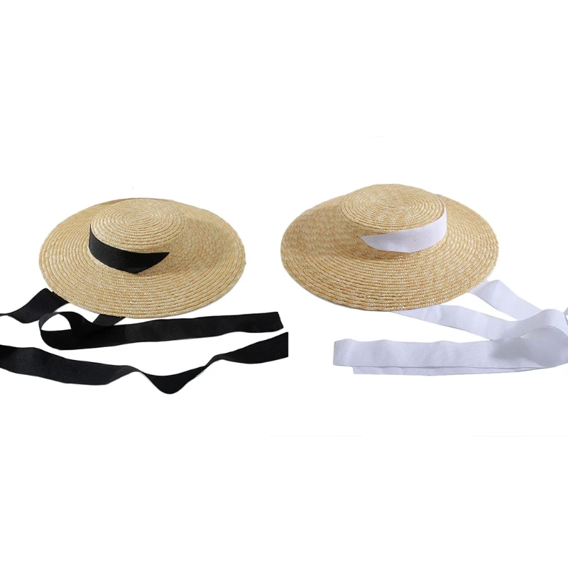 

Womens Summer Large Wide Brim Flat Top Straw Sun Hat Vintage Long Ribbon Chin Strap Travel Sunscreen Floppy Beach Cap
