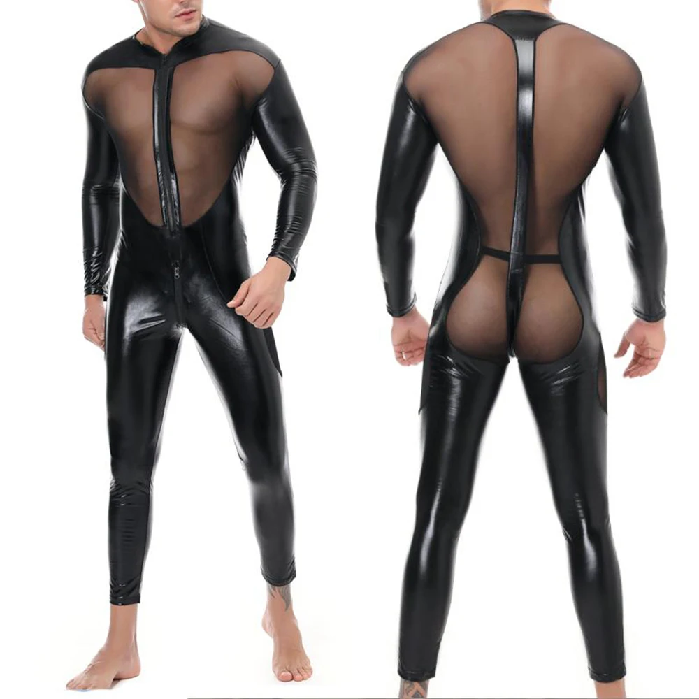 

Men's Sexy Lingerie Clubwear See Through Leather Tights Bodysuit Jumpsuit Men's Sexy Underwear Patent Leather Mesh Stitching Bod