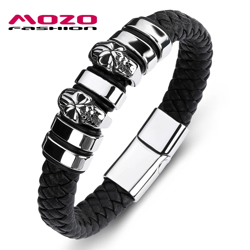 

Leather Fashion Classic Bracelet Black Skeleton Stainless Steel Magnet Buckle Bangle High Quality Man Jewelry