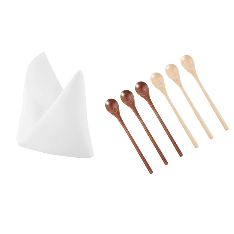 

10Pcs Polyester Fabric Napkin Solid Polyester Machine Washable Napkins With 6Pcs Wooden Spoon,Long Handle Wood Spoons