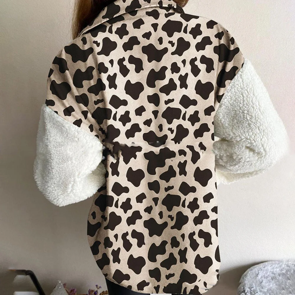 

European American Women's Fleece Jacket Hot Style Leopard Print Plush Stitching Warm Long-sleeved Autumn Winter Jacket 2021