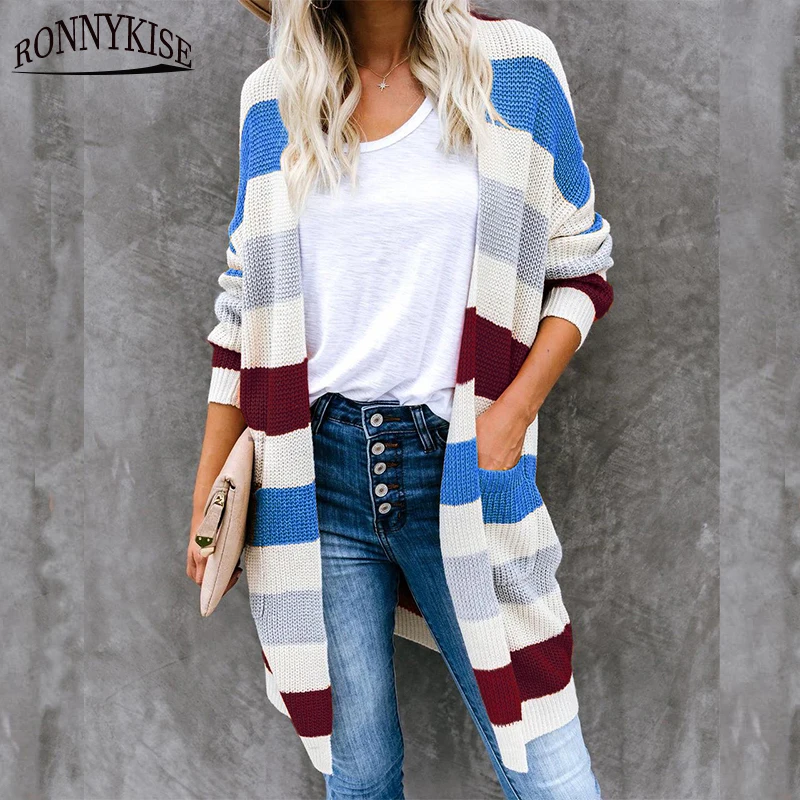 RONNYKUSE Knitwear Striped Patchwok Increase Size Cardigan Women's Fashion Long Sleeve Autumn Winter Warm Loose Sweaters |