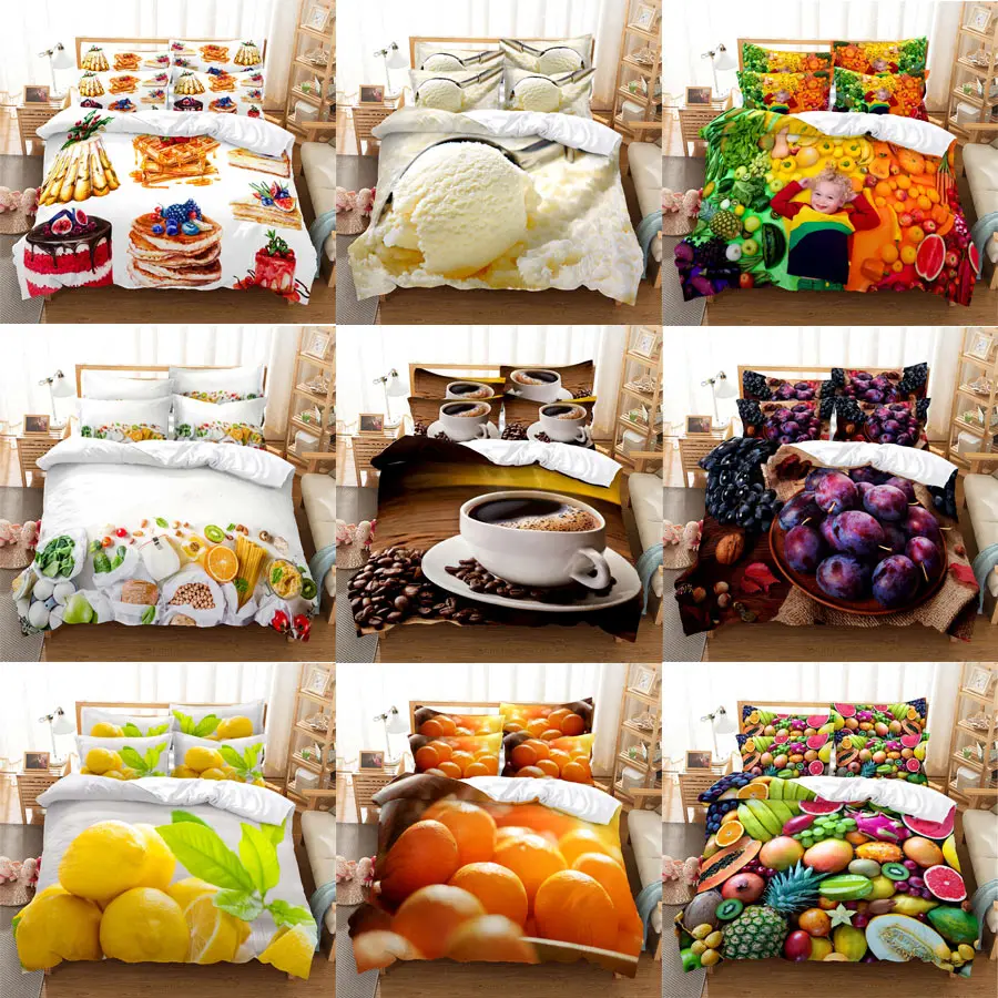 

3D HD Fruit Quilt Cover Duvet Pillow Case bed Set Food Cake Coffee Linen King Queen Twin Single Double 3PCS 2PCS Lemon Orange