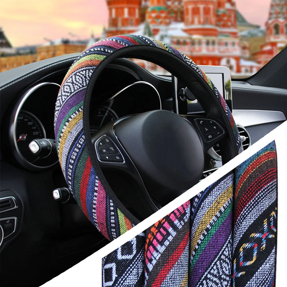 

Linen Universal Elastic Car Steering Wheel Cover Ethnic Style Car Accessories