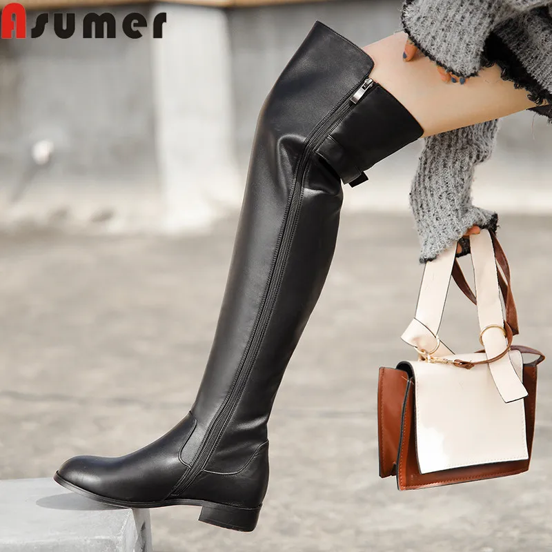 Женские сапоги выше колена ASUMER с круглым носком на среднем каблуке молнии