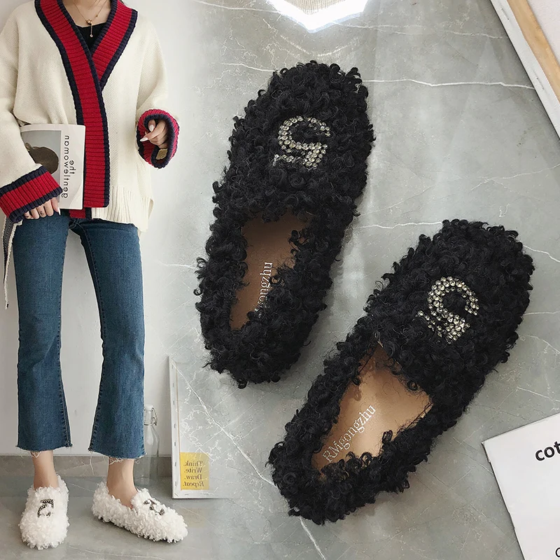 Женская зимняя обувь уличные Лоферы без застежки женская украшение с кристаллом