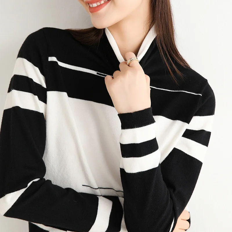 

Women's Cashmere New Style for Autumn and Winter Striped Sweater Slim-Fit Bottoming Shirt Turtleneck Pullover Sweater