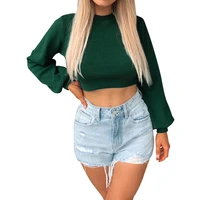 womens slim casual base t shirt solid color long lantern sleeve o neck knitted crop top for ladies daily wear black white y2k
