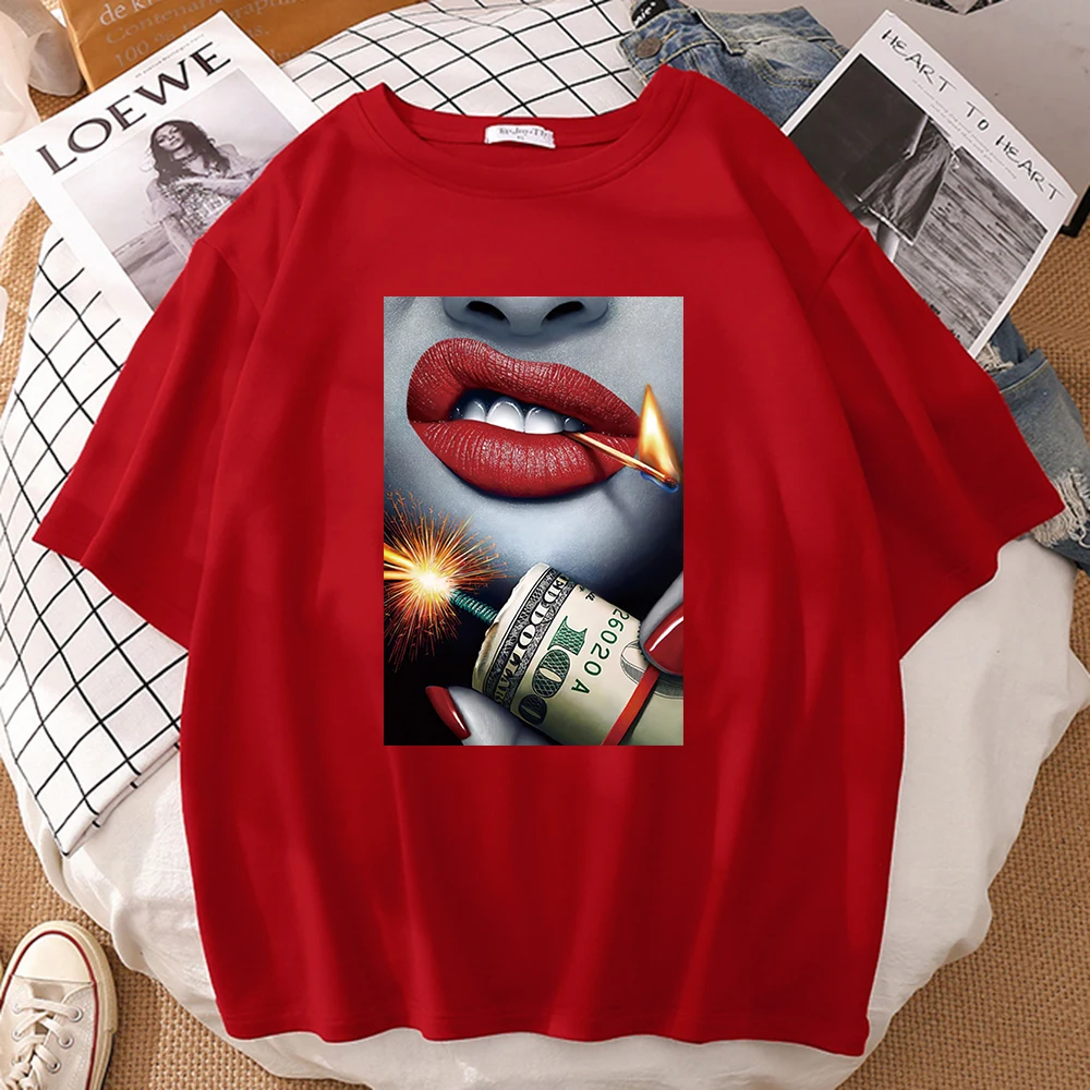 

Red Lips Matches Money Printing Man T-Shirt Breathable Vintage Tshirt Oversized Soft Clothing Crewneck Cotton T Shirt Women's