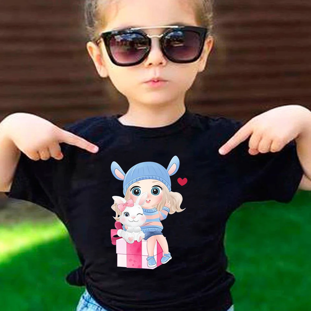 

Футболка для девочек с мультяшным принтом кролика, милая стильная футболка для девочек, летняя уличная одежда, одежда для Instagram