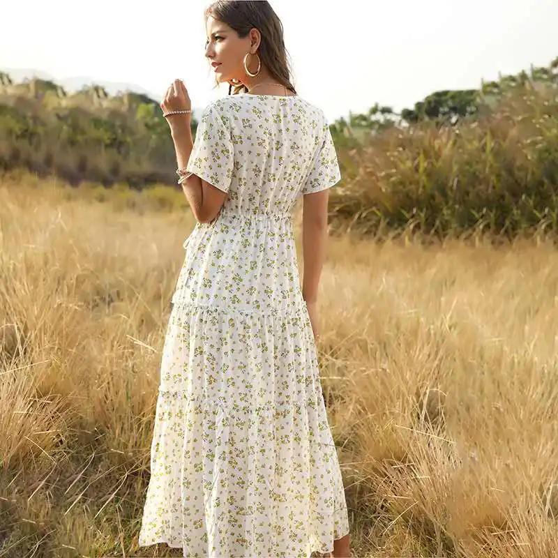 Женское богемное платье с цветочным принтом V-образным вырезом | Женская одежда