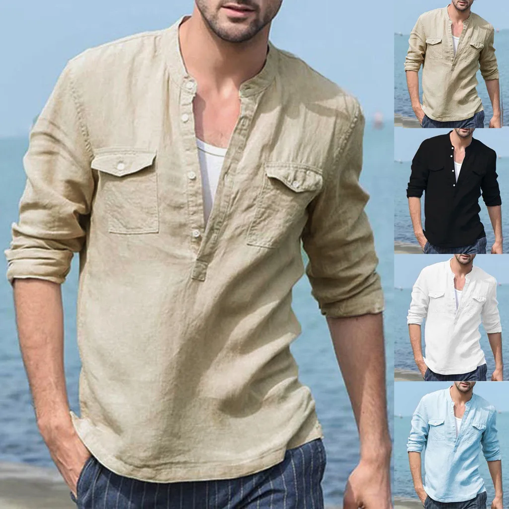 Мужская хлопковая рубашка летняя свободная Однотонная в стиле ретро с длинными