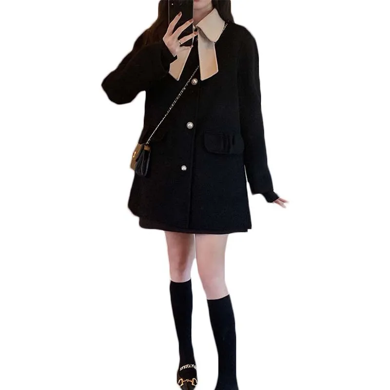 

Черное шерстяное пальто в стиле Хепберн для женщин, новинка 2021, Прямая Двухсторонняя шерстяная верхняя одежда средней длины, H689