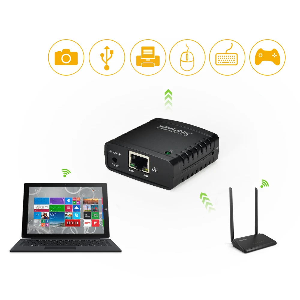 

Wavlink USB 2.0 Network LRP Print Server USB Hub 100Mbps Share a LAN Networking Printers Power Adapter for Windows EU/US/UK plug
