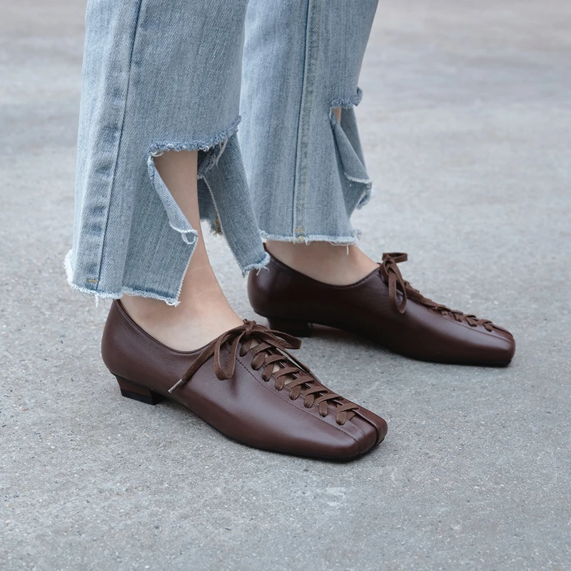 

autuspin Women Genuine Leather Flat Loafers 2020 Summer Autumn Cross Tied Flats for Female Office Work Casual Square Toe Shoes
