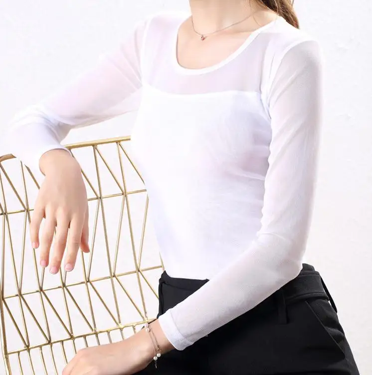 2019 весна осень черная сетка пэчворк Сращивание футболка женская с длинным