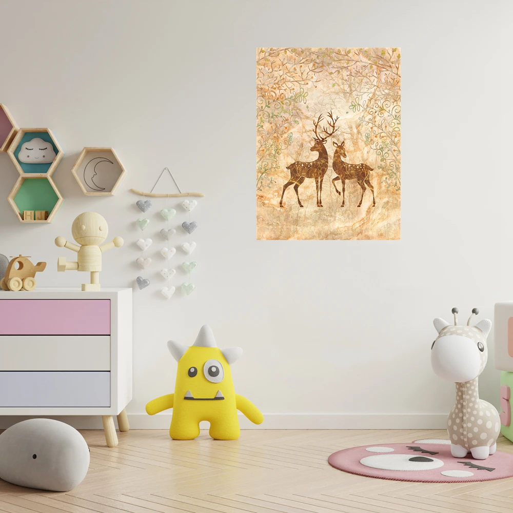 

Cartoon Couple Deer in the Forest Artwork Baby Bedroom Wall Art Animals for Dining Room Wall Decor Nordic Cartoon Poster Print