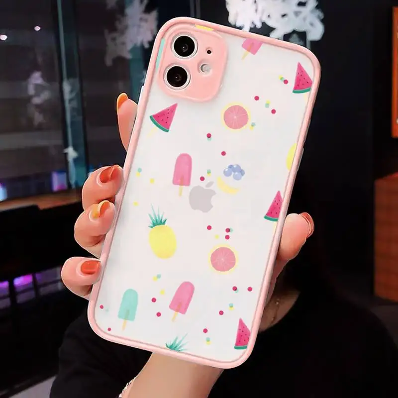 

Phone Case For iPhone 12 11 Mini Pro XR XS Max 7 8 Plus X fruit banana pineapple Strawberry Matte transparent Pink Cover