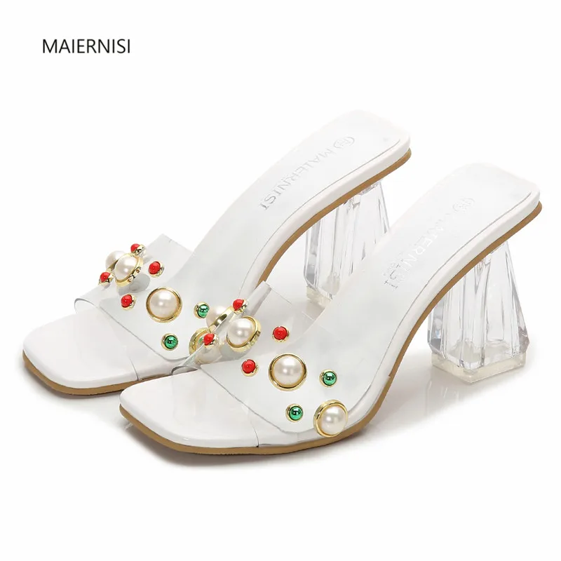 Женские сандалии желе с кристаллами на грубом каблуке 8 см Размеры 35 45 46|Тапочки| |