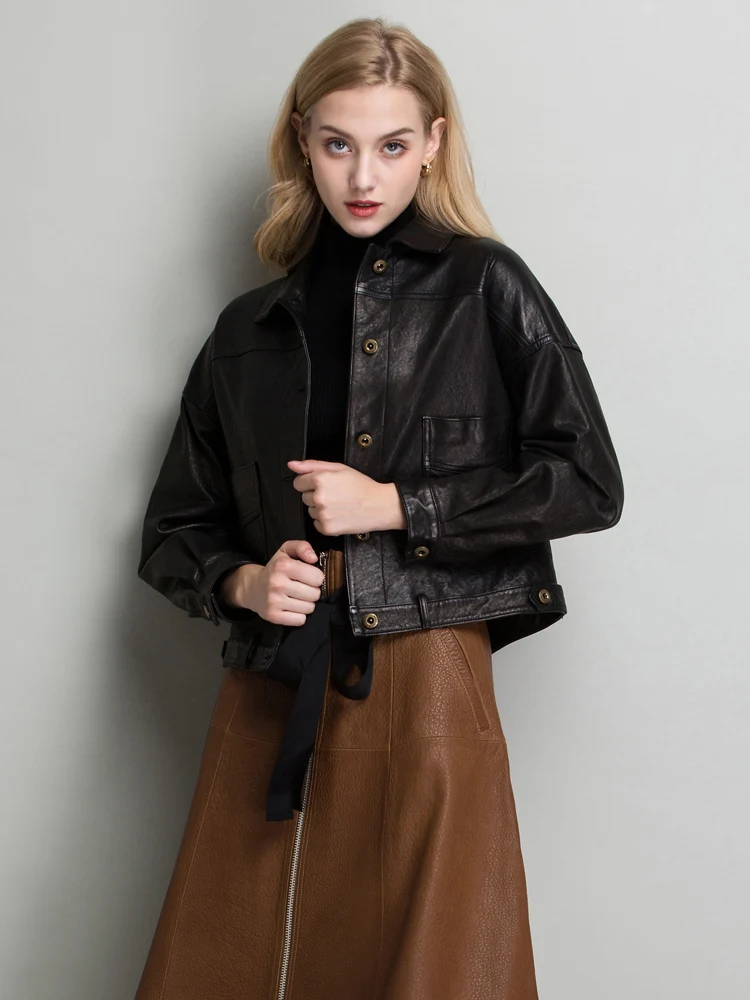 

Fall winter fashionable leather jacket leather garment women vegetable tanned sheep leather short loose leather jacket