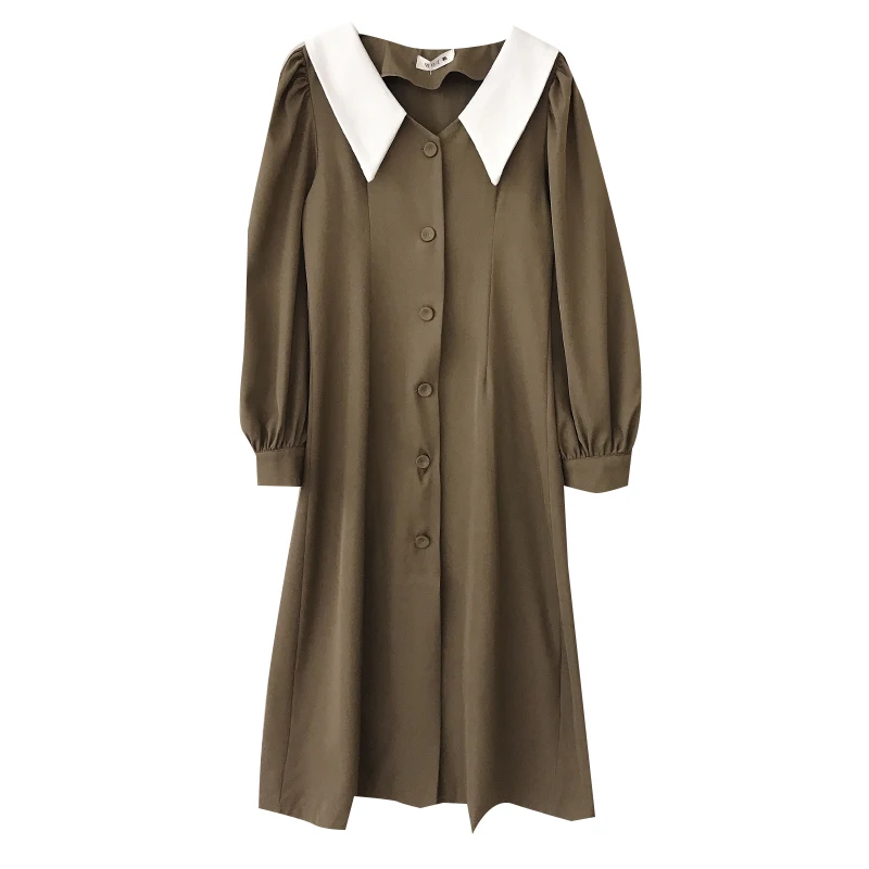 

Early Autumn 2020 New Korean Retro Single-Breasted Dress Women's Design Dress Fashion Turn-down Collar Mid-Calf Vintage