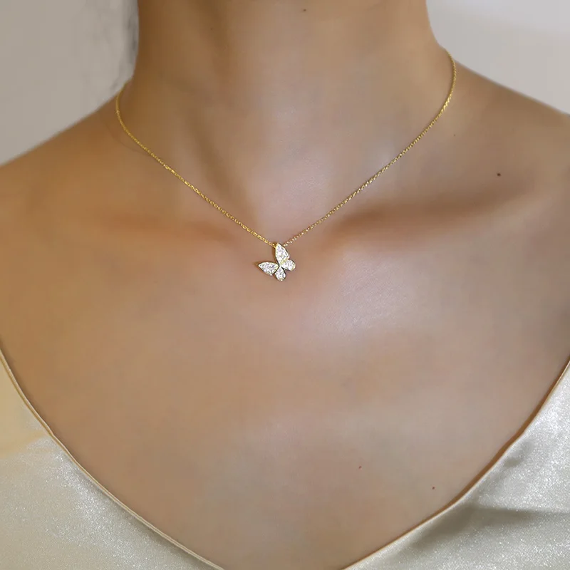 TrustDavis Real 925 Sterling Silver Butterfly Pendant Clavicle Chain Necklace Women 14K Gold Plated Party Jewelry Gift L116 | Украшения и