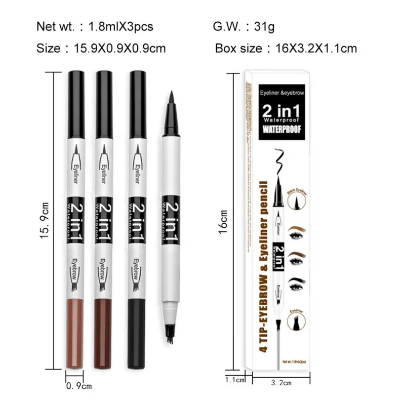 

3 Pcs Eyeliner Natural Makeup Double Head Super Fine Eyebrow Pencil 2 In 1 Waterproof Lasting Easy Ware Eye Brow Make Up Pen .