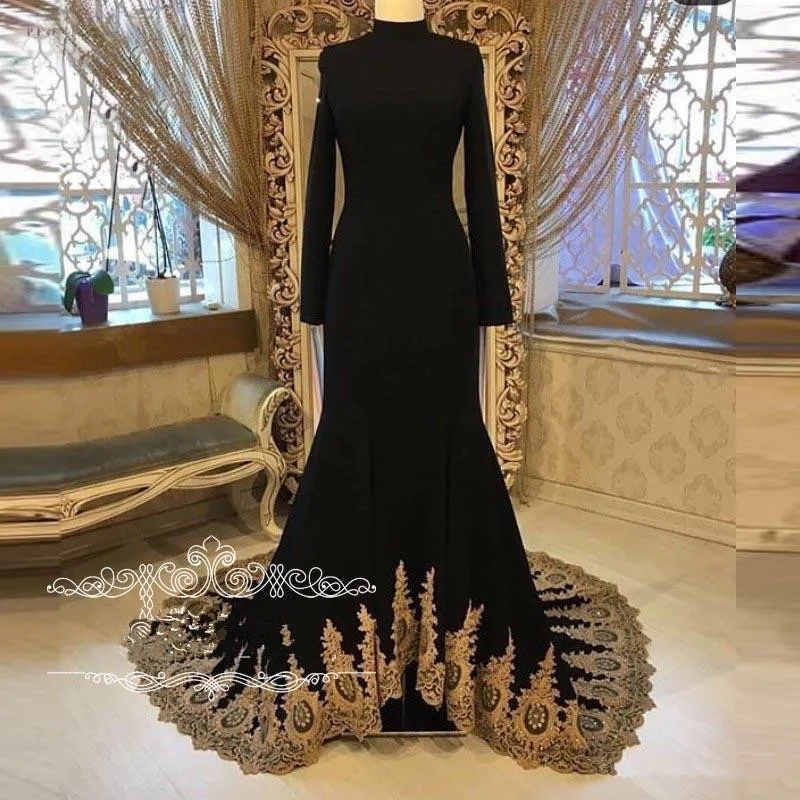 Женское вечернее платье-русалка черное платье с высоким воротом и золотыми