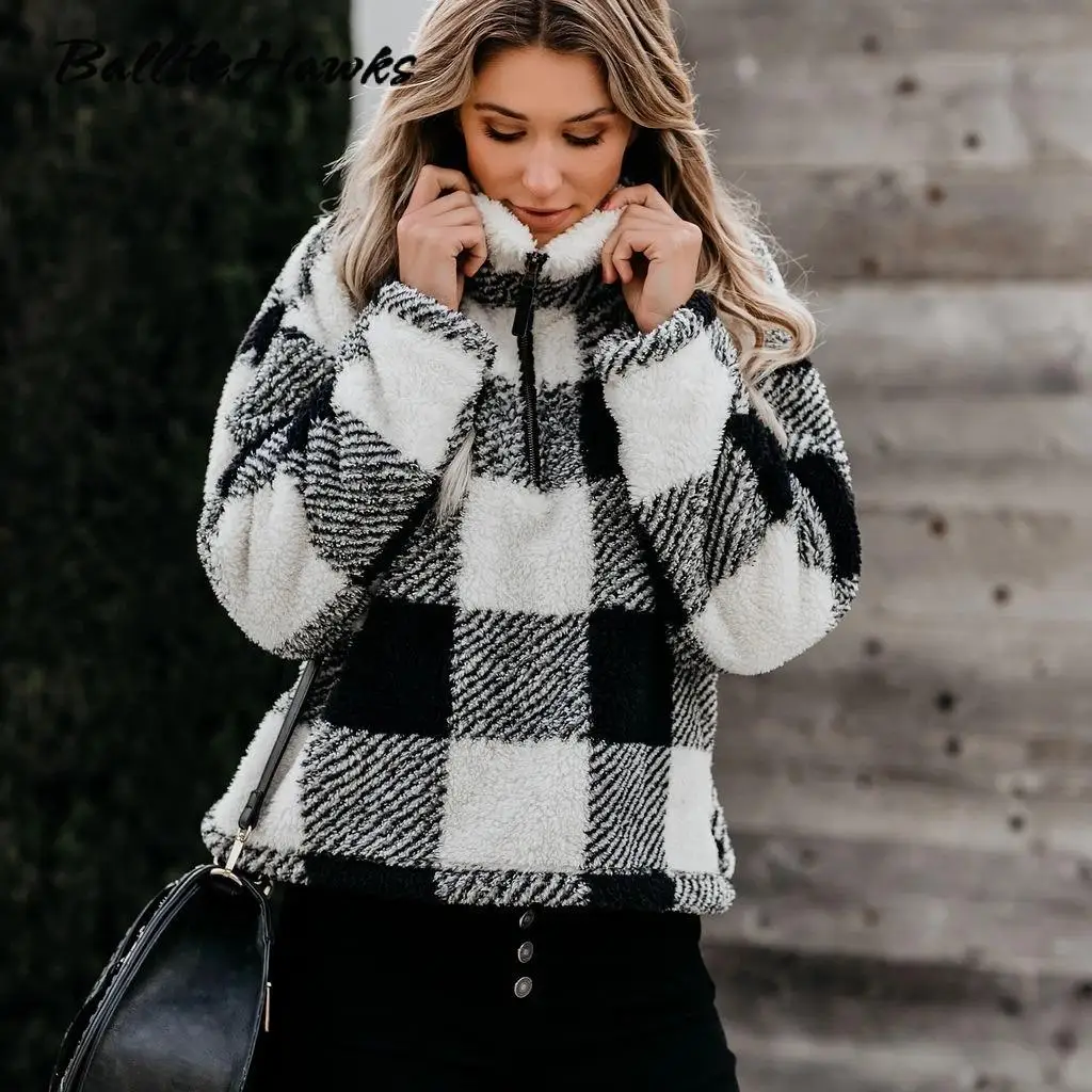 

2021 Autumn Winter Women Sweatshirt Plaid Pattern Stand Collar Zip Pullovers Winter Top Warm Casual Jumper Women Clothing