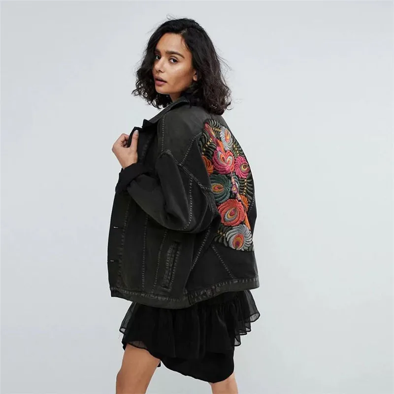 

England Floral Embroidered Denim Jacket Boho Oversized Jeans Jacket Vintage Long Sleeve Casual Chic Jacket Coat Women