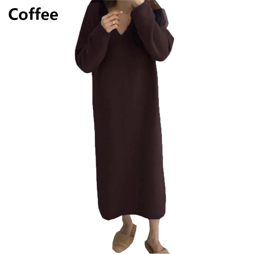 Coffee Платье-Свитер однотонное весеннее зимнее Новое модное женское платье с длинным рукавом и v-образным вырезом повседневное мягкое свободное сексуальное прямое трикотажное платье-пуловер - Цвет: Coffee