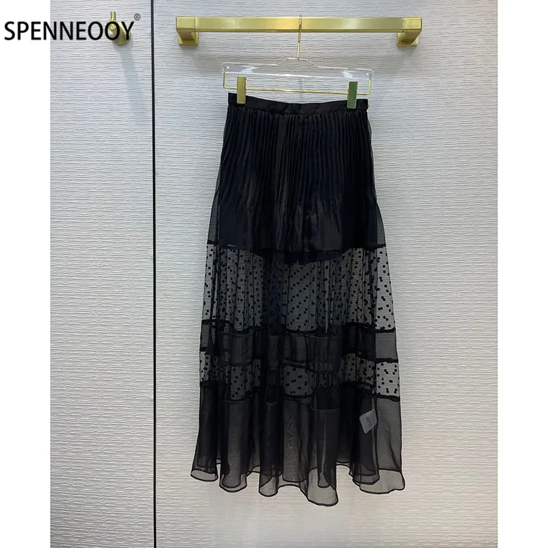 

SPENNEOOY Designer Brand Vintage Black Flocking Polka Long Skirt Women Elegant Ankle-Length Skirt