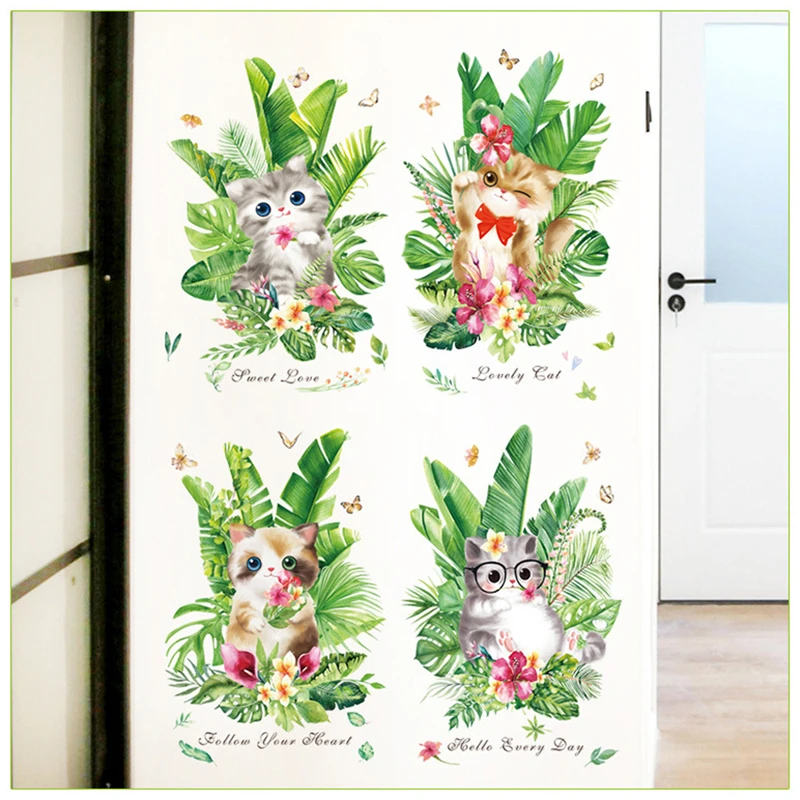 

Nordic Green Leaf Wall Stickers Vinyl Tropical Plants with Cute Cat 3d Wall Sticker Living Room Bedroom Decor PVC Wall Decals