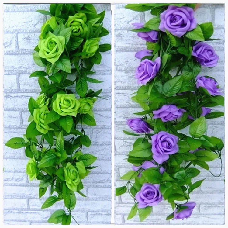 

240CM long Artificial rose Silk Flower Vine Green Leaf Vine Garland for Home Wall Party Decorations 8 color
