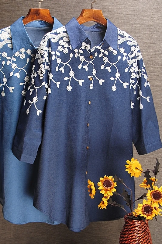

2021 Spring New Style Casual Women Shirts Embroidery Loose and Plus-sized Three Quarter Sleeve Shirt