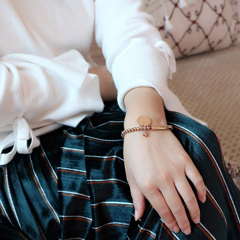 

TOSOKO Stainless Steel Love Round Brand Solid Bar Bead Chain Bracelet Sweet Couple Jewelry BSE038