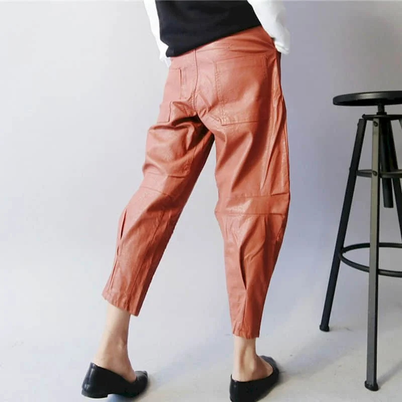 

Spring Autumn New PU Ankle Length Pants Women Streetwear Casual Solid High Waist Harem Pants