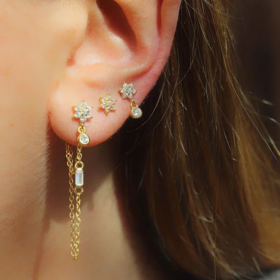 Нежный золотистый цвет цепи качает серьгу с cz вымощенное цветок квадратный со