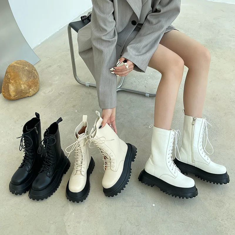 

Women's Ankle Boots Platform Fashion 2022 Ladies Boots PU Leather Shoes Plus Size Women Lace Up Thick Bottom Female Footwear