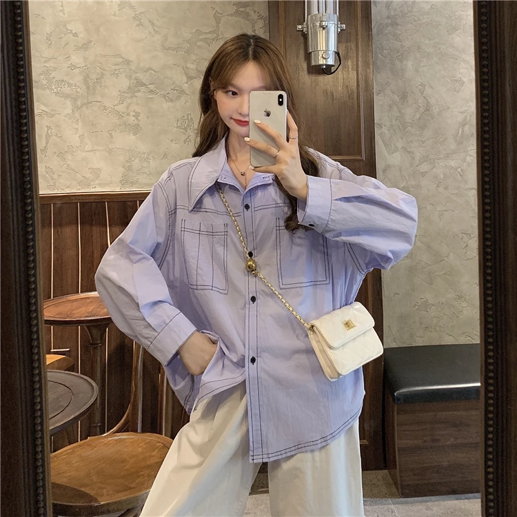 

Весна 2021 Новинка корейский стиль чувство дизайна нишевая рубашка с длинным рукавом женская верхняя одежда свободная рубашка Ретро Модная р...