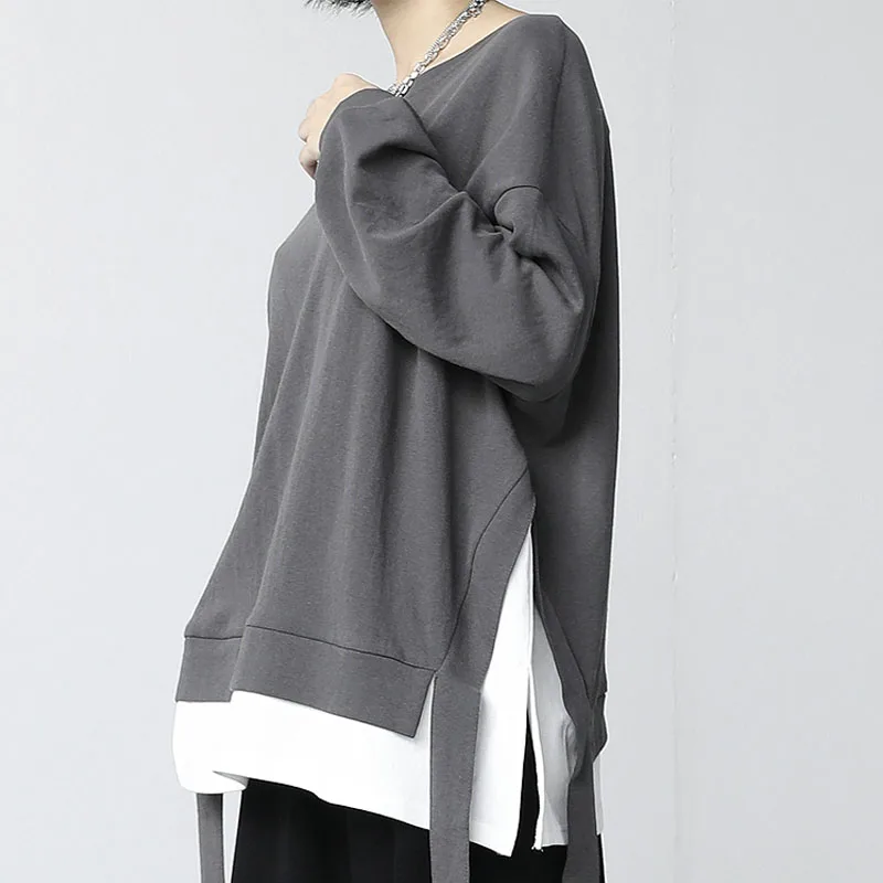 

Fake Two-piece Casual Loose Hoodie Joker Black and White Color Matching Round Neck Sweatshirt Top Female Kawaii Hoodie