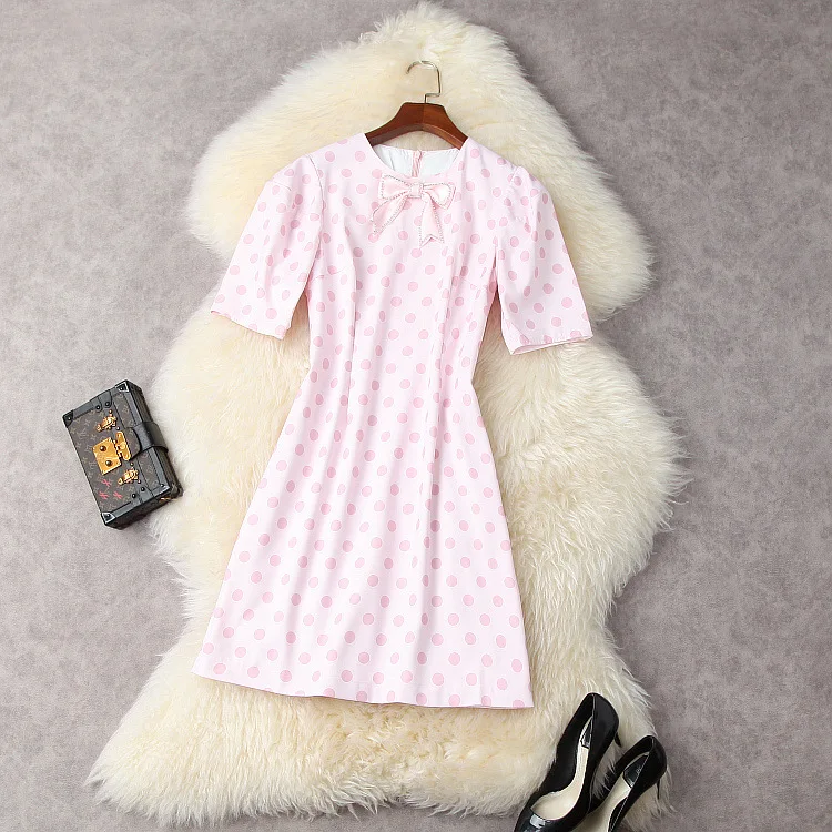 

Женская одежда в европейском и американском стиле на лето 2021, модное розовое платье в горошек с короткими рукавами и бантом из бисера