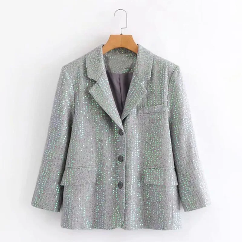 

2021 Spring Autumn Korean Blazer Women New Loose Suit Sequined Single Breasted Blazer Coats Women Fashion Streetwear Outwear
